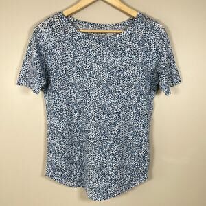 LOFT Ladies Blue Allover Microfloral Short Sleeve 100% Linen T-Shirt SM Cottage